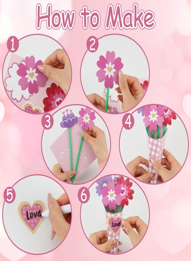 Nlicrst 24 Pcs Valentine Flower Craft Valentine's Day Paper Crafts Make Your Own Flower Bouquets for Valentine's Day Home Fun DIY, Perfect Handmade Valentine Gift (6 Styles) - Image 3